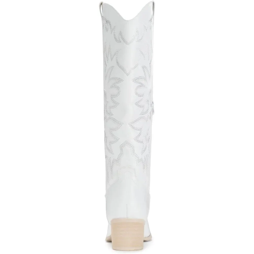 ✨Women White Cowboy Boots Knee High Boots Pointy Toe Boots Chunky Heel Boots